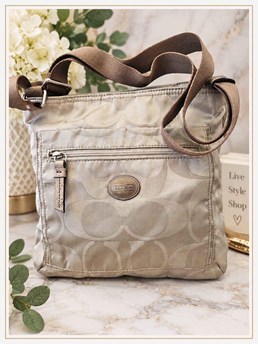 COACH F77408 Signature C Jacquard Beige Gold Crossbody Shoulder Bag